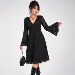 Cartise Lace Midi Dress Womens 8 Black Bell Sleeve Whimsigoth Witchy Goth V Neck